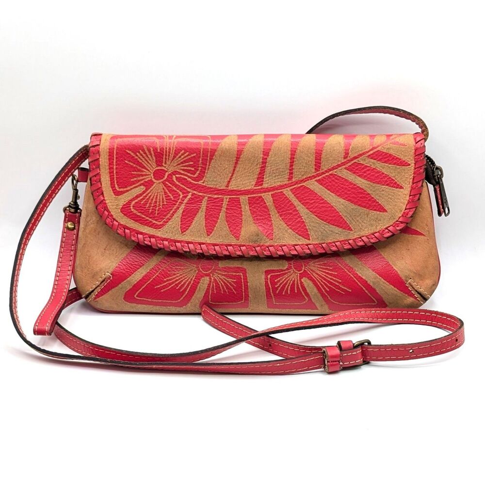 Patricia Nash Cuban Carved Baku Crossbody Clutch Pink & Tan Leather Purse